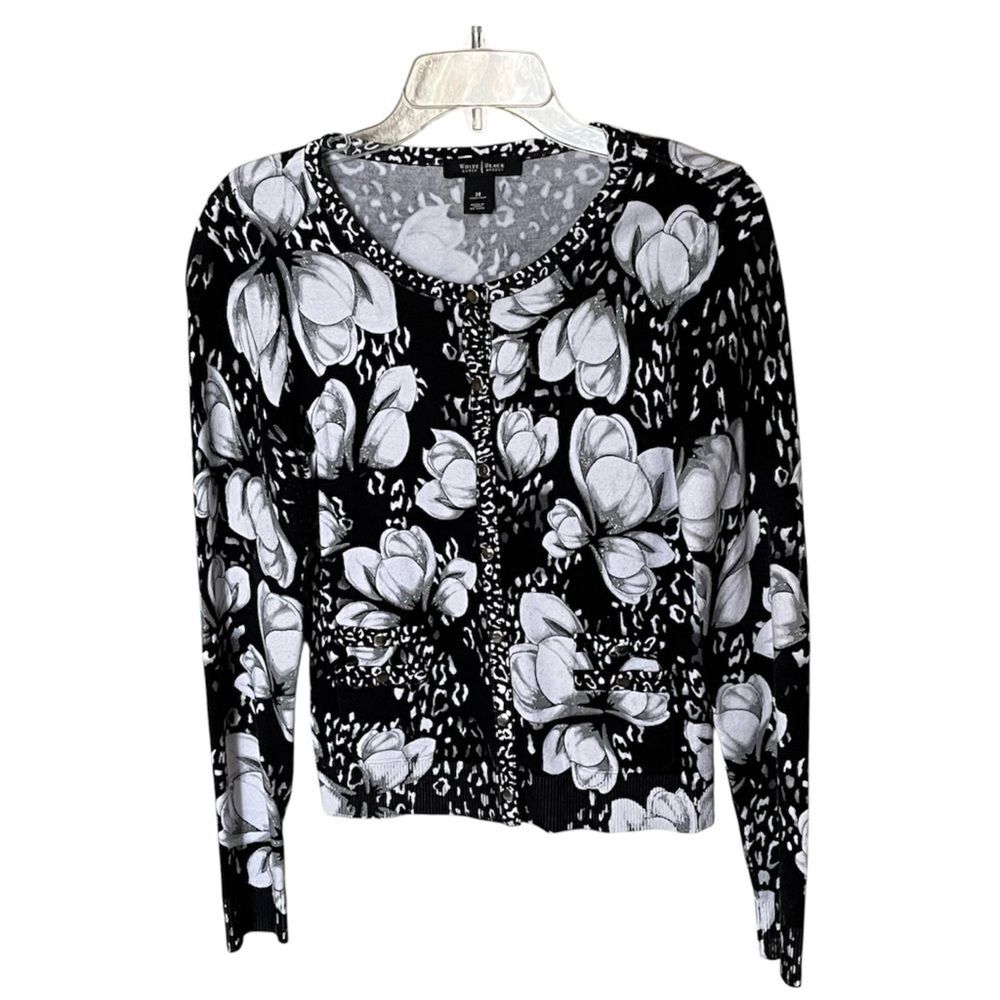 WHBM Black/White Floral and Animal Print Snap Front Cardigan Sweater Size Medium